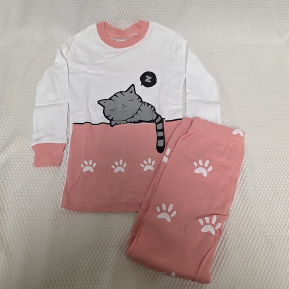 Kikizye Other - Cat Kitty Pajamas 2 Piece Girls Pink Size 3T NWT Paw Prints Pink White KikizYe